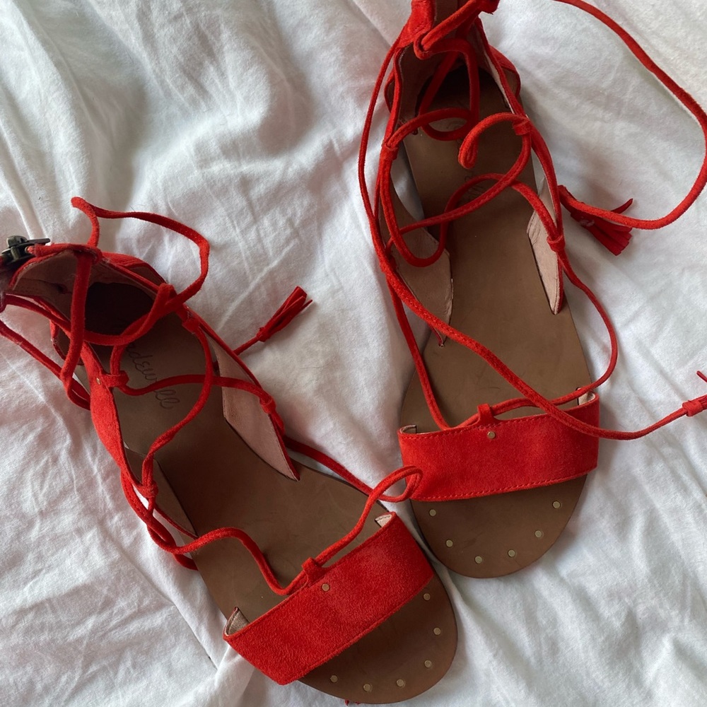 Madewell the Bridges lace up suede sandals.